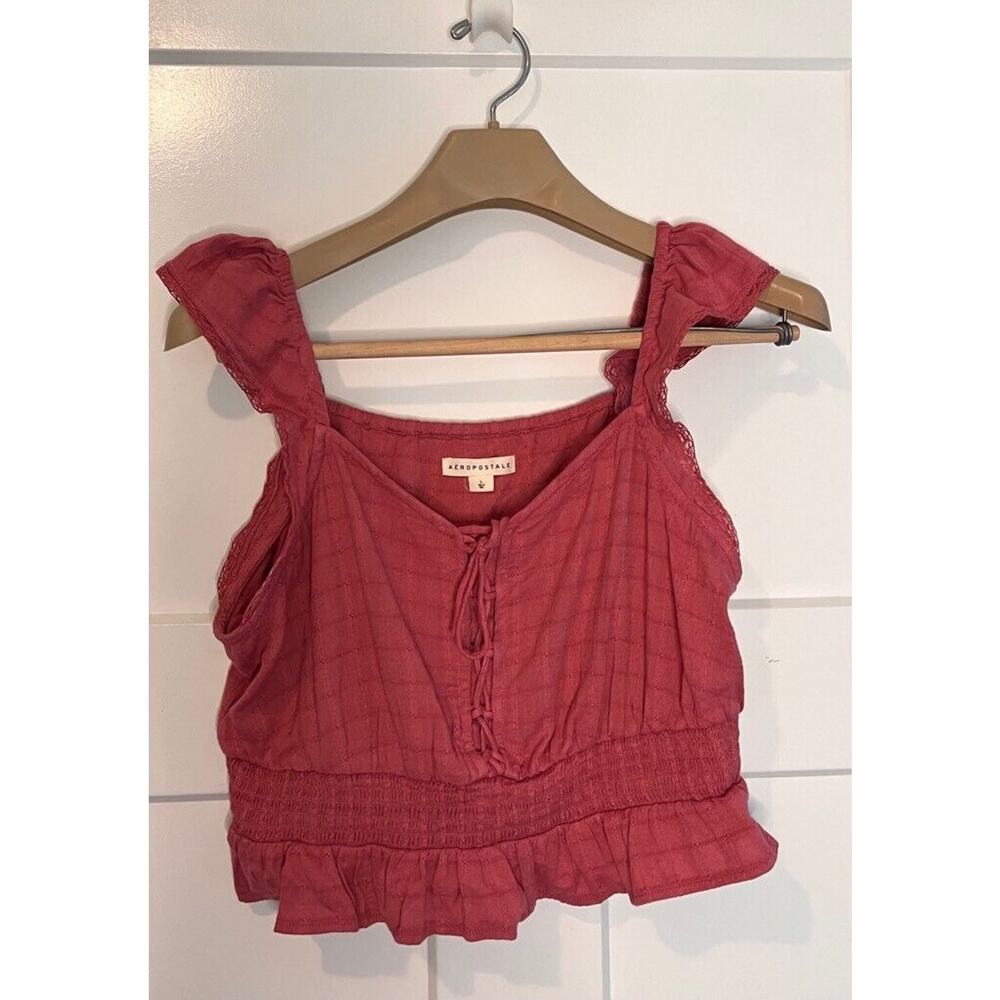 Aeropostale Womens Crop Top Red Smocked Tie Front Ruffle Straps Boho LARGE